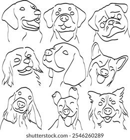 Juego de iconos de arte de línea de cabeza de perro. Vector dibujado a mano línea negra Doodle ilustración