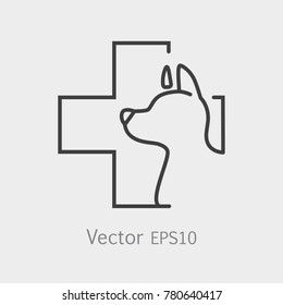 Dogs head with veterinary cross icon or symbol in thin line style