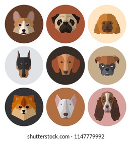 Dogs heads of different breeds. Vector illustration set for your cute design.