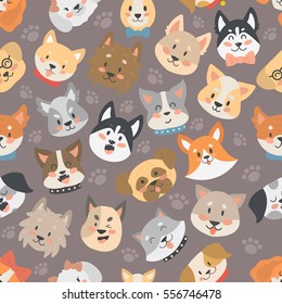 Dogs heads seamless pattern background vector set.