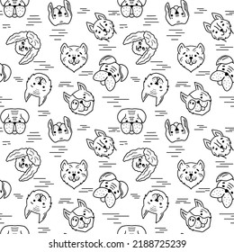 Dogs heads seamless patterns. Funny dogs avatar background. Cool animal vector in doodle hand drawn style.