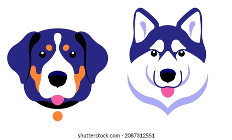 Dogs heads. Siberian husky dog. Swiss Mountain Dog. Dog face muzzle. Purebred. Vector illustration. Dog portrait, mascot, symbol.