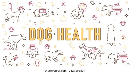 Dogs health landscape banner, print, poster. Dog friendly clinic for canine patients. Extensive experience in veterinary medicine. Vector illustration in line style isolated on a white background