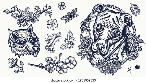 Dogs. Honey staffordshire terrier. Canine art. Old school tattoo vector collection. Traditional tattooing style. Cartoon character 