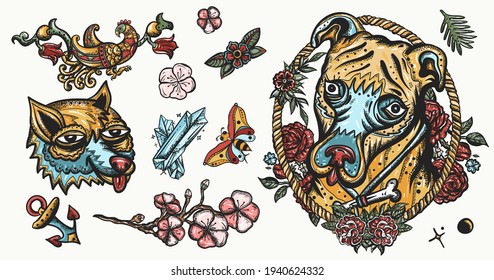 Perros. Cariño staffordshire terrier. Caricatura de animales. Arte canino. Colección vectorial de tatuajes de la vieja escuela. Estilo tradicional de tatuaje