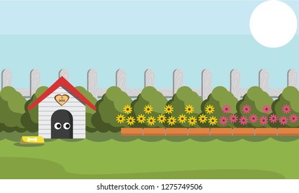 Dog's House In The Morning Garden Cartoon - Vector