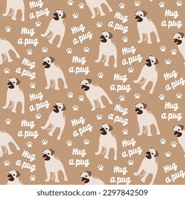 Dogs hug pug dog seamless repeat pattern. natural. gender neutral. earth tones. beige, brown. cute pet puppy.