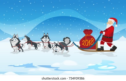 Dogs husky sled team and  red bag with santa. Winter background