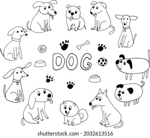 dogs icon set. hand drawn doodle. vector, scandinavian, nordic, minimalism, monochrome. pet, animal, cute funny bowl food ball footprints paws lettering