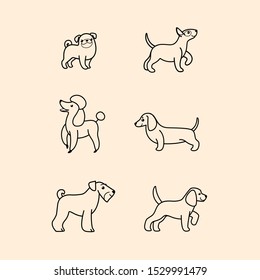 Dogs icon set. Dogs in various poses and action. Vector illustration for prints, clothing, packaging, stickers.