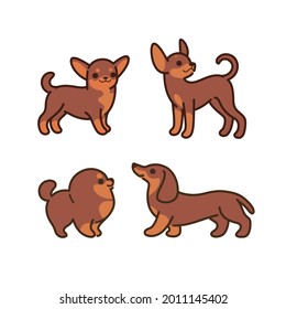 Dogs icon set. Dogs in various poses and action. Dachshund, spitz, chihuahua, toy terrier. Vector illustration for prints, clothing, packaging, stickers.