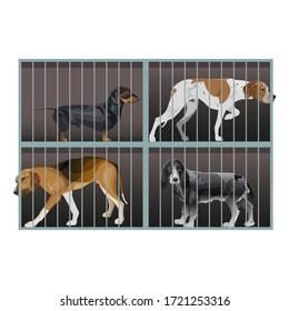 Dogs inside a cage. Sad homeless animals at the shelter. Vector illustration isolated on white background