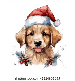 A dog's joy, adorned with Santa's hat, in watercolor delight.