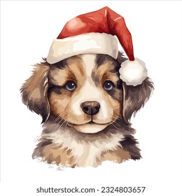 A dog's joy, adorned with Santa's hat, in watercolor delight.