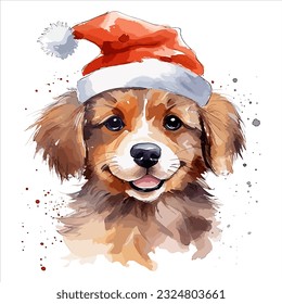 A dog's joy, adorned with Santa's hat, in watercolor delight.
