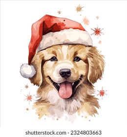 A dog's joy, adorned with Santa's hat, in watercolor delight.