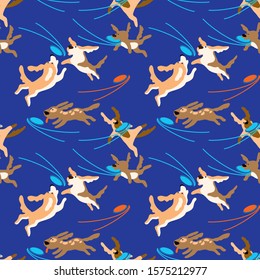 Dogs jump, play, catch the ball. Seamless pattern funny dogs on a blue background.