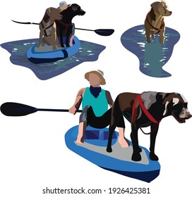Dogs kayaking with owner on lake.