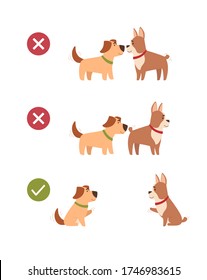 Los perros también mantienen una distancia social.  Los animales observan precauciones de seguridad, no se contactan entre sí en un paseo, se saludan unos a otros a distancia. Cartel de distancia, ilustración vectorial en estilo de caricatura.