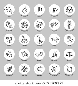 Dogs kennel cough icons set for pets health products, diseases. The outline icons are well scalable and editable. Contrasting elements are good for different backgrounds. EPS10.	