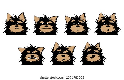 A dog's life. Yorkshire Terrier emotions. Set of cute dog characters with various emotions. Vector illustrations. logo, mascot, sticker, emoji, emoticon.