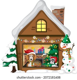 Dogs live in winter house in Christmas theme illustration