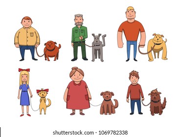 Dogs look like their owners. People walking their dogs. Cartoon vector characters illustration, isolated on white background.