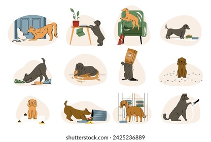 Dogs making mess. Cartoon naughty puppies destroying and damaging home territory, pet doggy behavior and mood concept. Vector isolated set of cartoon dog mess and naughty illustration