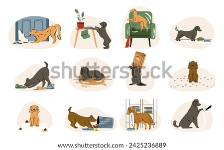 Dogs making mess. Cartoon naughty puppies destroying and damaging home territory, pet doggy behavior and mood concept. Vector isolated set of cartoon dog mess and naughty illustration