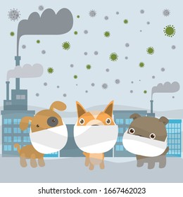 dogs in masks because of fine dust PM 2.5, covid-19, corona virus, animal wearing mask against smog. Fine dust, air pollution, industrial smog protection concept flat design vector illustration
