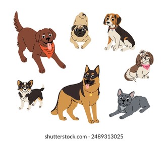 Dogs in motion set. Different canine breeds. Active puppies labrador retriever, beagle, shih tzu, chihuahua, bulldog shepherd and pug. Flat vector illustrations isolated on white background