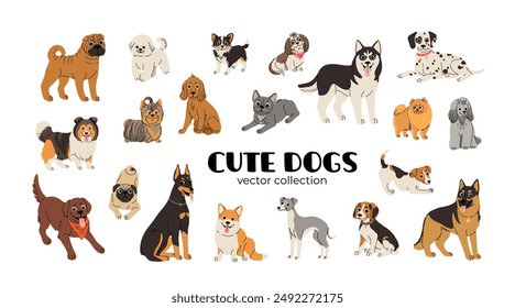 Dogs in motion set. Different canine breeds. doberman, dalmatian, pomeranian, sheltie, greyhound, terrier, corgi, husky, shar pei, labrador, bulldog, beagle, shepherd, chihuahua, shih tzu, spaniel