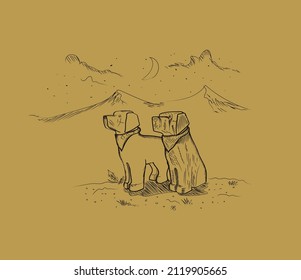 Perros en las montañas. hermosa ilustración de boceto dibujada a mano con un lápiz. EPS10