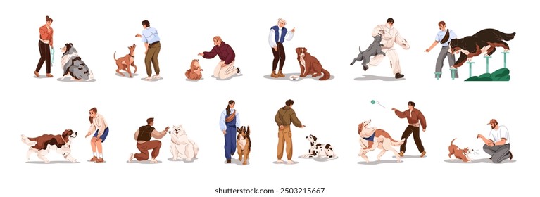 Dogs' obedience training set. Trainers teach puppies different agility exercises, commands. Owners play, have fun with their pets, domestic animals outdoor. Flat isolated vector illustrations on white