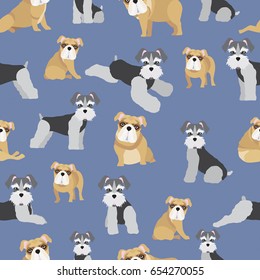 Dogs on blue background pattern. Animal seamless pattern design. 