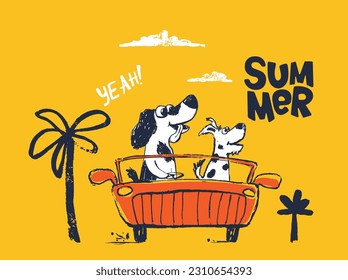 Dogs on car funny cool summer t-shirt print design. Road trip on cabriolet automobile. Slogan. Drive puppy animal illustration. Beach travel kids nursery, typography poste. Adorable pattern