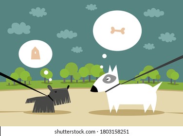 Dogs on a leashes walking in the park and dreaming