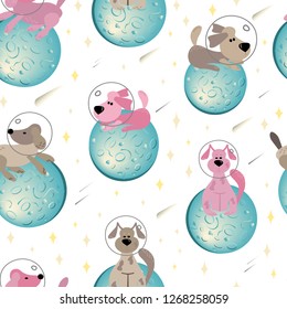 Dogs on the moon on white background cosmic seamless pattern vector for kids