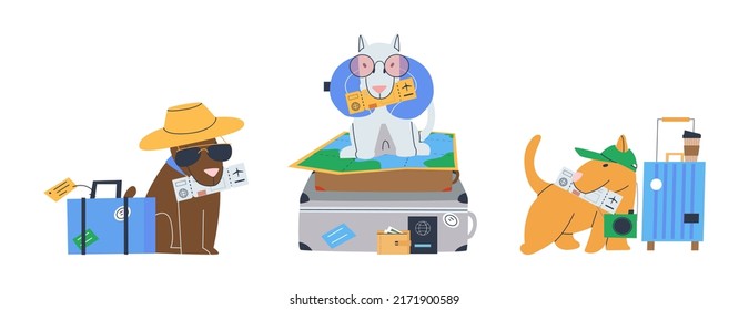 Dogs on suitcases with air tickets. Tourist dogs with luggage. Flat vector illustration. Eps10