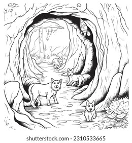  Dogs on a treasure hunt in a mystical cave ,Black and white coloring pages for kids, simple lines, vector style