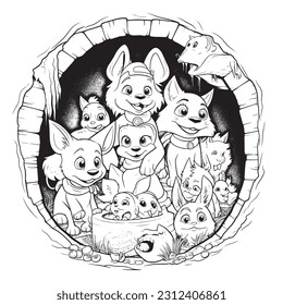  Dogs on a treasure hunt in a mystical cave ,Black and white coloring pages for kids, simple lines, vector style