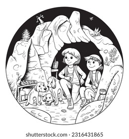  Dogs on a treasure hunt in a mystical cave ,Black and white coloring pages for kids, simple lines, vector style