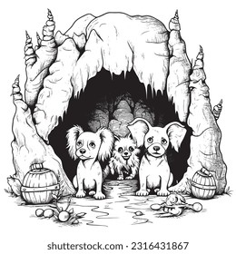  Dogs on a treasure hunt in a mystical cave ,Black and white coloring pages for kids, simple lines, vector style