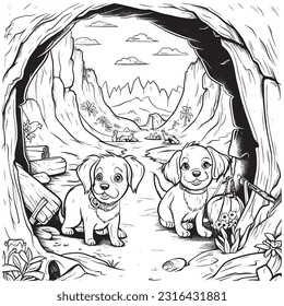  Dogs on a treasure hunt in a mystical cave ,Black and white coloring pages for kids, simple lines, vector style