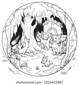  Dogs on a treasure hunt in a mystical cave ,Black and white coloring pages for kids, simple lines, vector style
