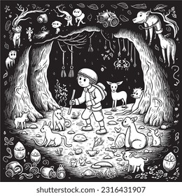  Dogs on a treasure hunt in a mystical cave ,Black and white coloring pages for kids, simple lines, vector style