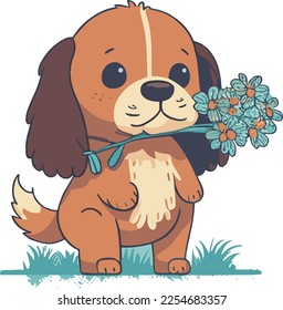 dogs on valentines day, friendship. Cute dog with bouquet. Vector.