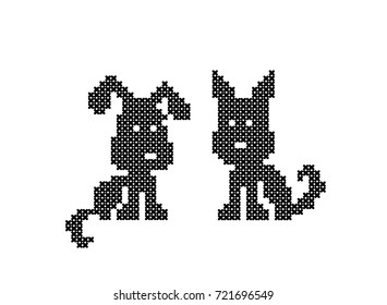 Dogs on a white background. Black silhouettes. Cross stitch. Embroidery. Vector.