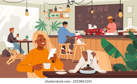 Dogs owners cartoon characters visiting eco-friendly pet cafe spending pleasure time drinking coffee feeding animals using smartphones and wireless internet connection scene vector illustration