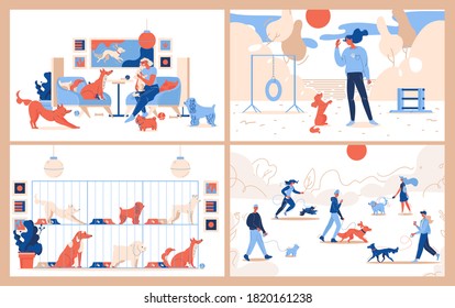 Dogs and owners concept scenes. Puppies waiting for adoption, walking with people in the park, training at camp, at pet cafe. Vibrant colors, lovely characters